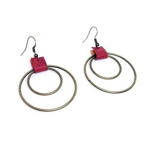 Faux Leather and Antiqued Brass Artisan Double Circle Dangle Earrings!